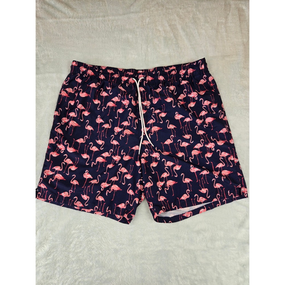 Old Navy Mens XXL Navy Blue Pink Flamingo Print Swim Trunks Mesh Lined Shorts - Picture 1 of 10